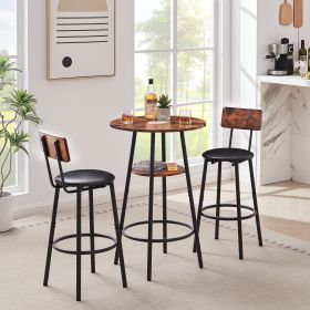 Round bar stool set with shelf, upholstered stool with backrest, Rustic Brown, 23.62'' W x 23.62'' D x 35.43'' H