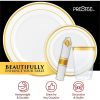 Prestee 350 Piece Gold Dinnerware Set - 50 Guest - Disposable Gold Dinnerware Set - 100 Gold Rim Plastic Plates - 50 Linen Feel Napkins with Spoons, F