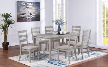 Classic Simple Rustic Gray Finish 7pc Dining Set Kitchen Dinette Wooden Top Table and Chairs Cushions Seats Ladder Back Chair Dining Room