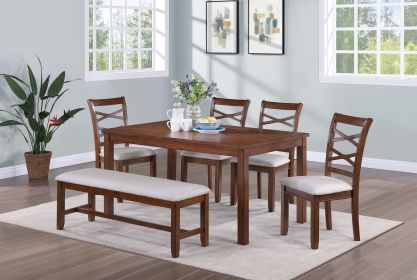 Dining Room Furniture Modern 6pcs Set Dining Table 4x Side Chairs and A Bench Solidwood Unique Design Back Chair Wood Color