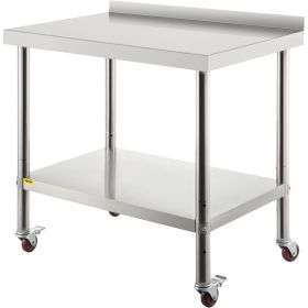 VEVOR Stainless Steel Prep Table, 30 x 24 x 35 Inch, 440lbs Load Capacity Heavy Duty Metal Worktable with Backsplash Adjustable Undershelf & 4 Casters